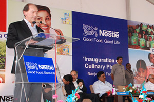 Nestlé CEO Paul Bulcke addressed guests at the inauguration ceremony of a new culinary factory in Karnataka