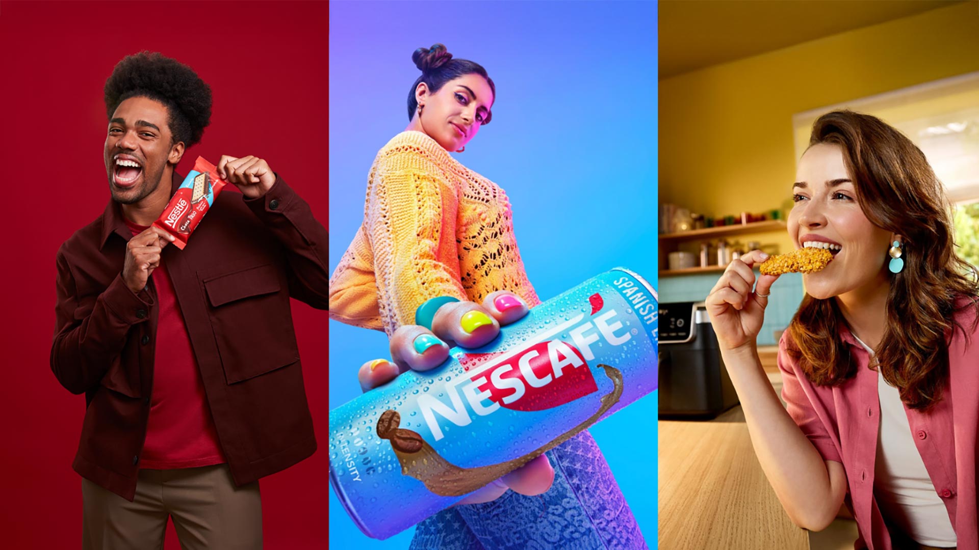 People enjoying Nestlé products in vibrant, colorful lifestyle scenes