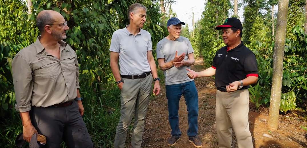 Group visiting a coffee plantation to discuss regenerative agriculture and sustainable farming practices