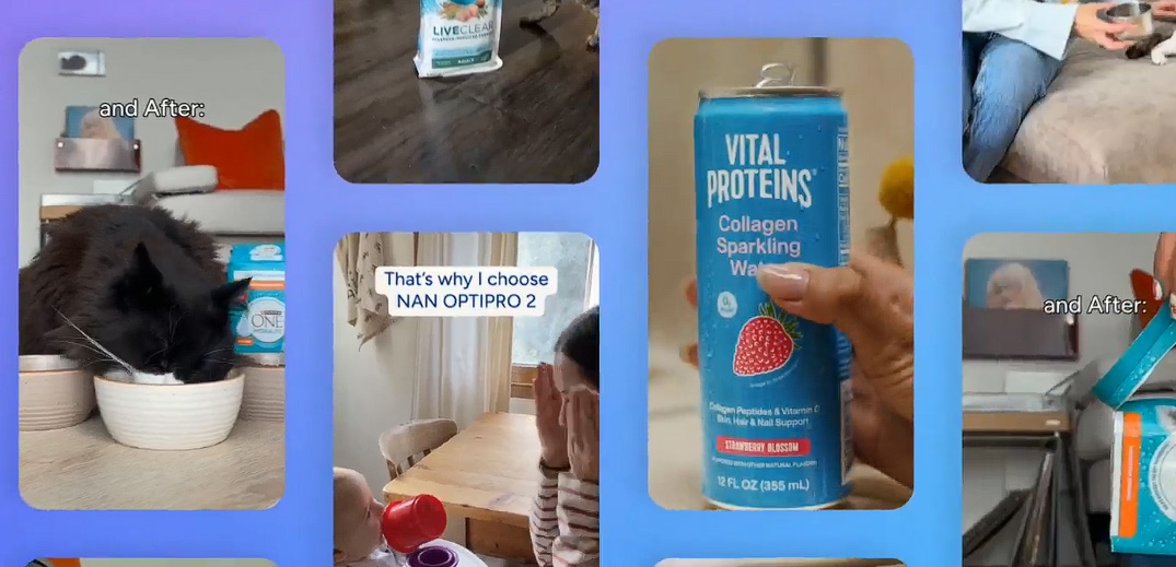 Social media content featuring Nestlé brands including Vital Proteins, NAN and Purina products