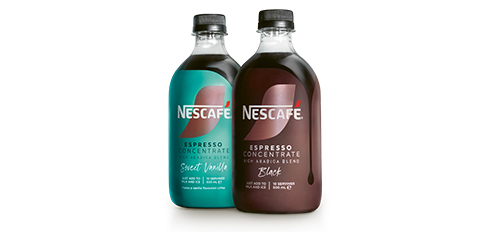 NESCAFÉ espresso concentrate bottles in black and sweet vanilla flavors.