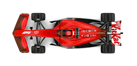 Red Formula 1 race car with KitKat branding top view