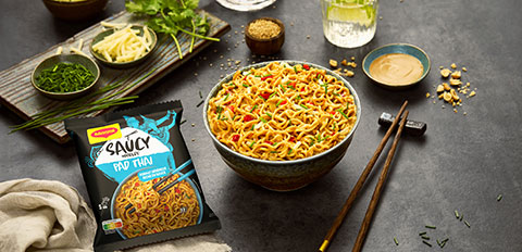 Maggi Saucy Pad Thai noodles served in bowl with ingredients
