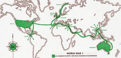 world map indicating supply and distribution channels during World War I