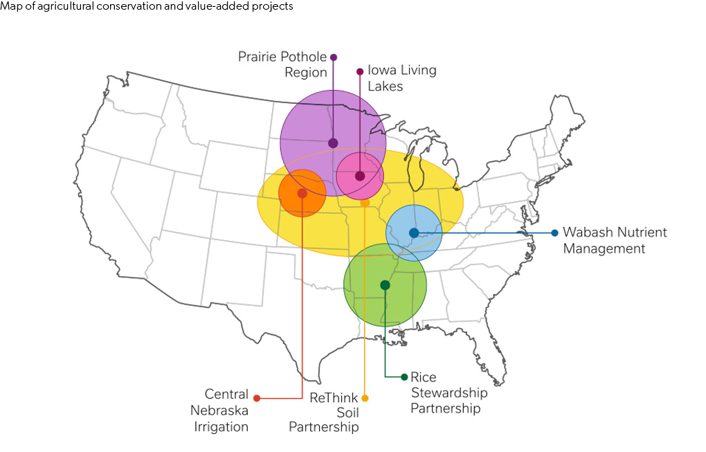 csv19-173-agricultural-conservation-a Map of agricultural conservation and value-added projects. ReThink Soil Partnership, Prairie Pothole Region, Rice Stewardship Partnership, Wabash Nutrient Management, Central Nebraska Irrigation, Iowa Living Lakes