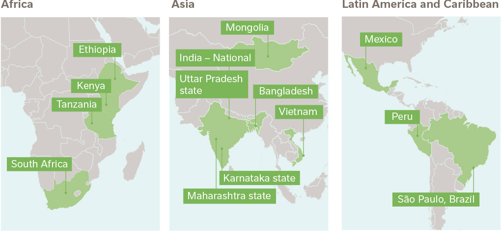 csv19-175-water-stewardship Africa: Ethiopia, Kenya, Tanzania, South Africa. Asia: Mongolia, India - National, Uttar Pradesh state, Bangladesh, Vietnam, Karnataka state, Maharashtra state. Latin America and Caribbean: Mexico, Peru, Sao Paulo Brazil