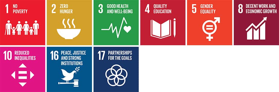 SDG logos 1, 2, 3, 4, 5, 8, 10, 16, 17