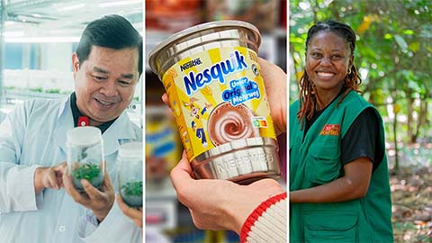 collage with scientist, Nesquik and woman farmer