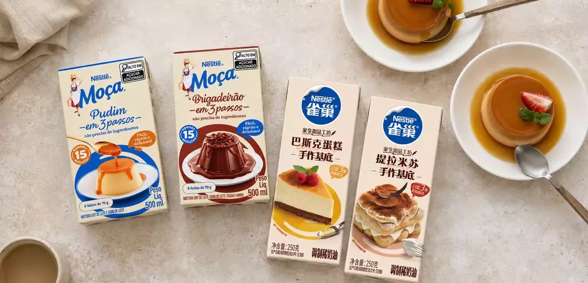 Nestlé dessert mix products displayed with caramel flan, cheesecake and tiramisu desserts