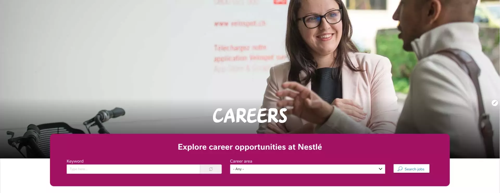 Screenshot showing an example usage of the Careers block in the header