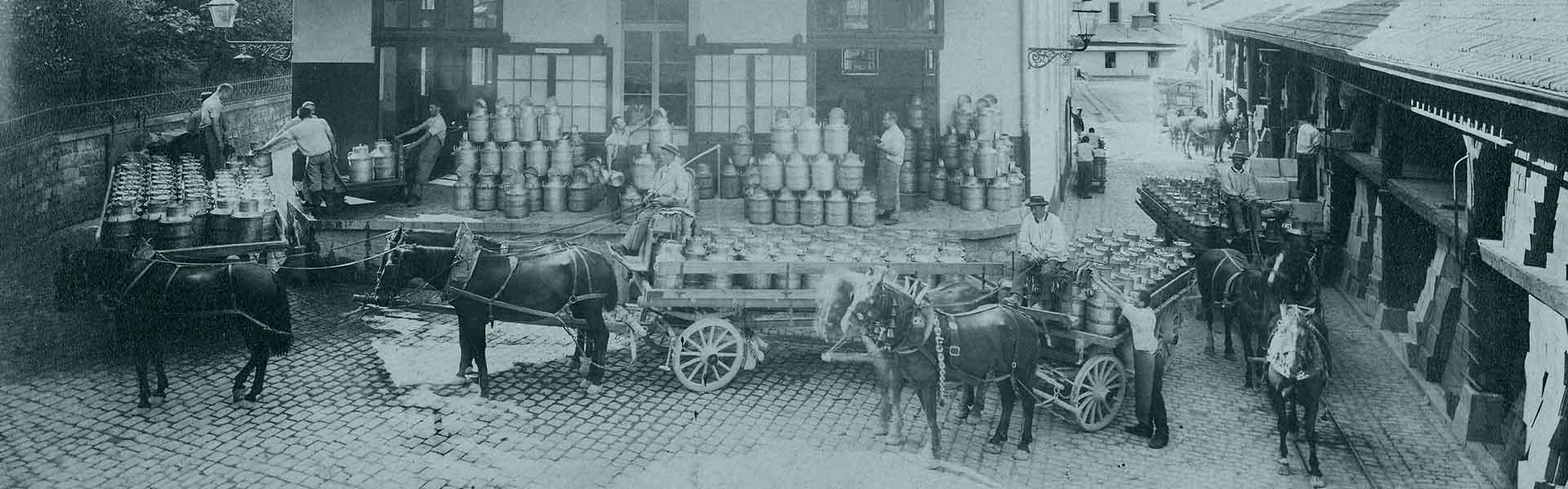 Milk deliveries arriving by horse and cart at the Nestlé company factory in Vevey, Switzerland