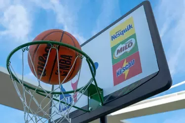 Basketball hoop with logos