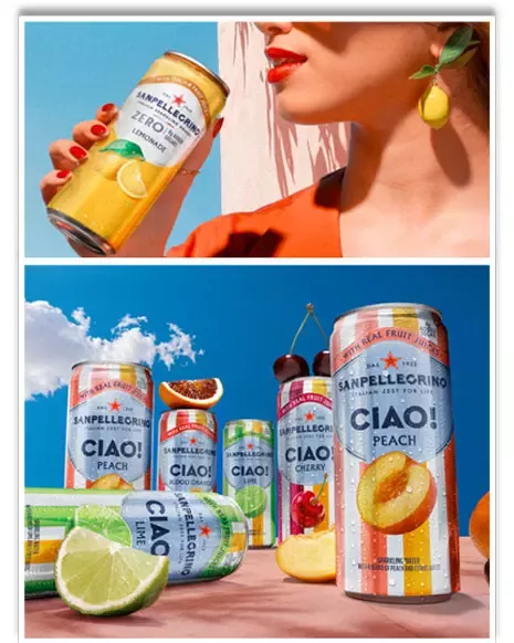 S.Pellegrino Ciao! flavored sparkling drinks with lemon, peach and cherry varieties