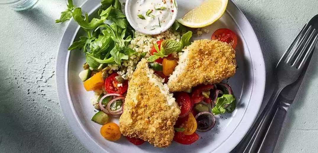 Garden Gourmet Coated Fish Fillet Mediterranean salad