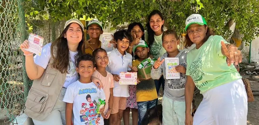 Young woman and many children