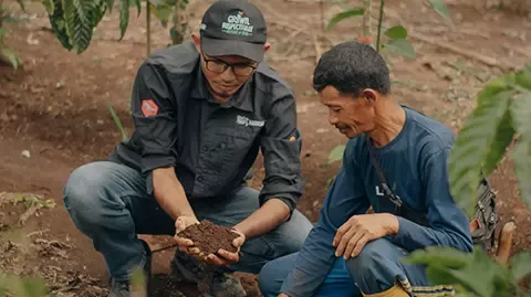 Two men looking at soil