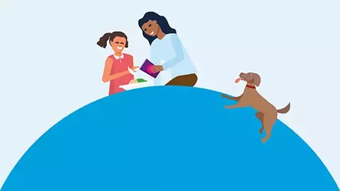 Mother, daughter and dog playing