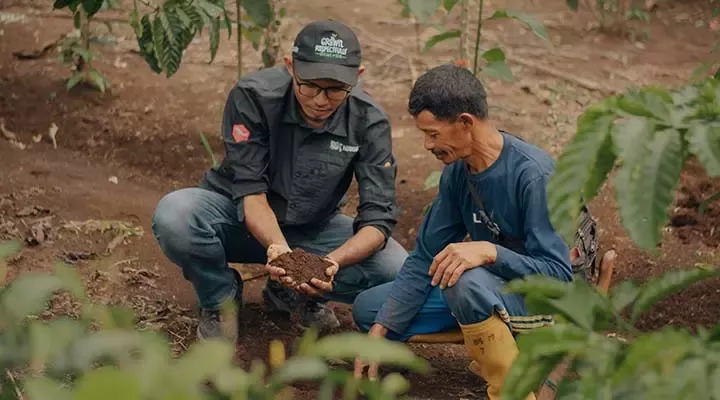 Two men checking the soil