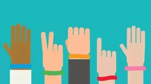 Hands up with colorful wristbands.