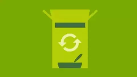 Green box with recycling symbol and bowl.