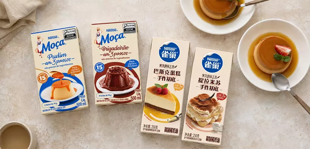 Nestlé dessert mix products displayed with caramel flan, cheesecake and tiramisu desserts