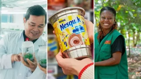 collage with scientist, Nesquik and woman farmer