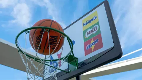 Basketball hoop with logos