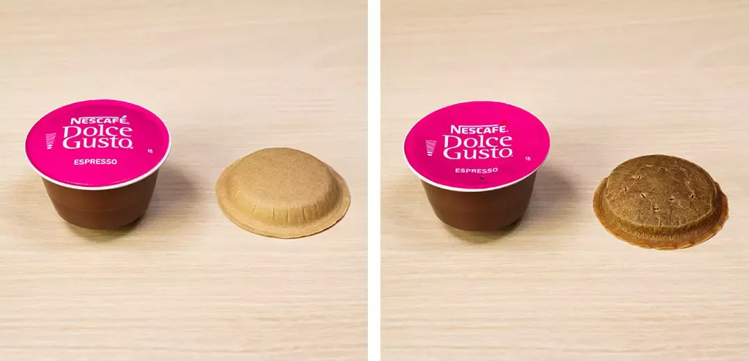 NDG Recyclable plastic capsule and compostable paper-based pod before and after brewing